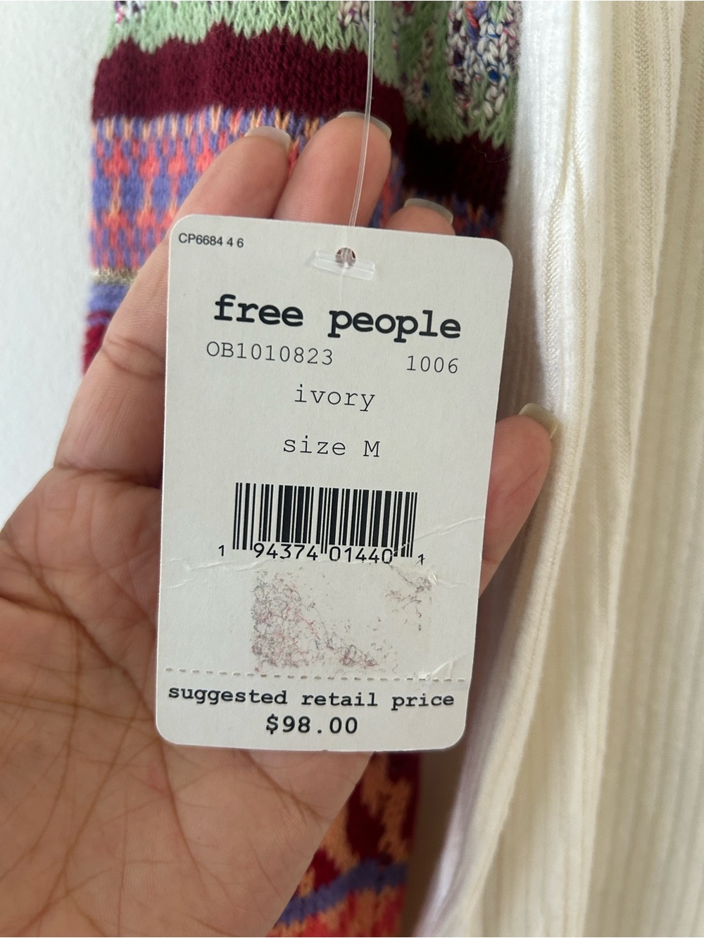 Free People Cream Cowl Neck Sweater with Colorful Patterned Sleeves - Picture 8 of 13